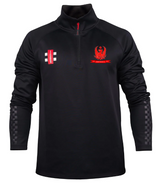 The Forest Exiles CC Pro Thermo Fleece by Gray Nicolls is a black long-sleeve pullover with a 1/4 red zip, red crest and logo on the chest, and subtle checkerboard patterns on the forearm sleeves.