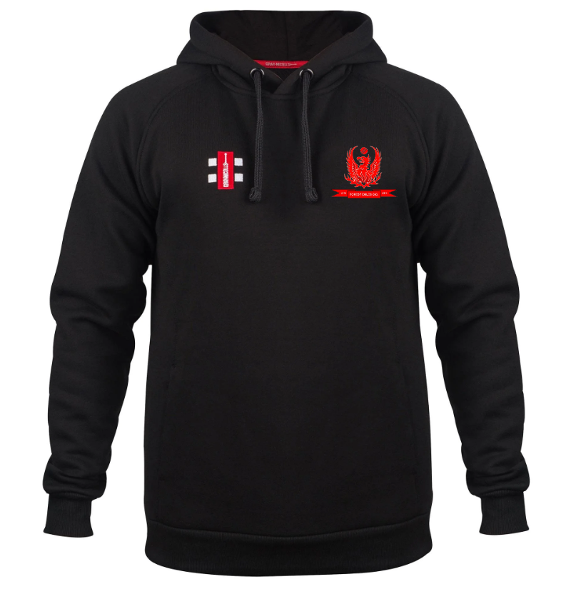 The Gray Nicolls Forest Exiles CC Velocity Hoodie features a small red and white emblem on the left chest, a larger red crest with text on the right, and is made from soft organic cotton with a front pocket and ribbed cuffs and hem.