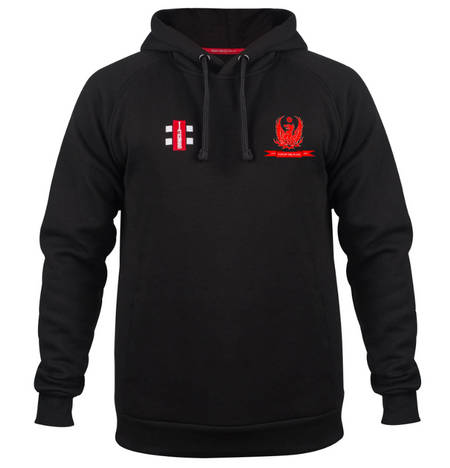 The Gray Nicolls Forest Exiles CC Velocity Hoodie features a small red and white emblem on the left chest, a larger red crest with text on the right, and is made from soft organic cotton with a front pocket and ribbed cuffs and hem.