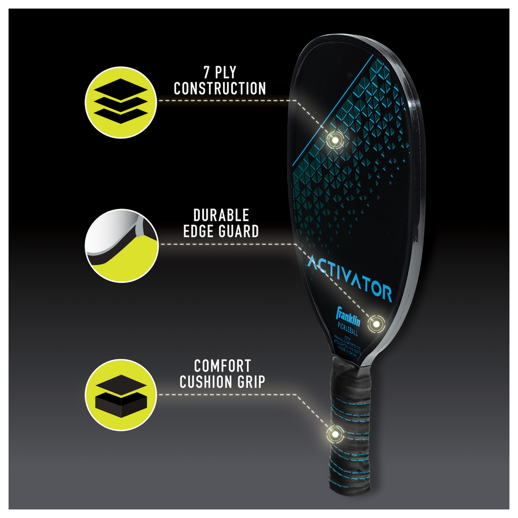 A black Franklin Activator Wooden Pickleball Paddle by Franklin is shown with callouts for 7 ply construction, a durable edge guard, and a comfort grip. This USA Pickleball-approved paddle sits on a sleek black-to-gray gradient background.