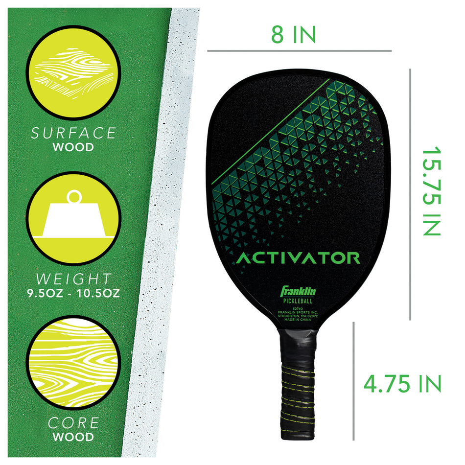 The Franklin Activator Wooden Pickleball Paddle by Franklin, USA Pickleball approved, features a black and green design, comfort grip, wood surface and core, measures 15.75" x 8", has a 4.75" handle, and weighs 9.5–10.5 oz.