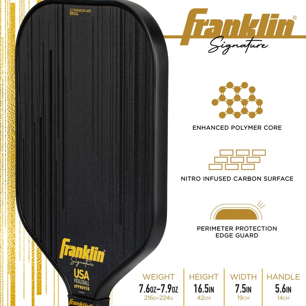The Franklin Carbon STK Pickleball Paddle by Franklin is shown in black with gold accents. Features include an enhanced polymer core, nitro infused carbon surface, perimeter edge guard, and listed specs for weight, height, width, and handle.
