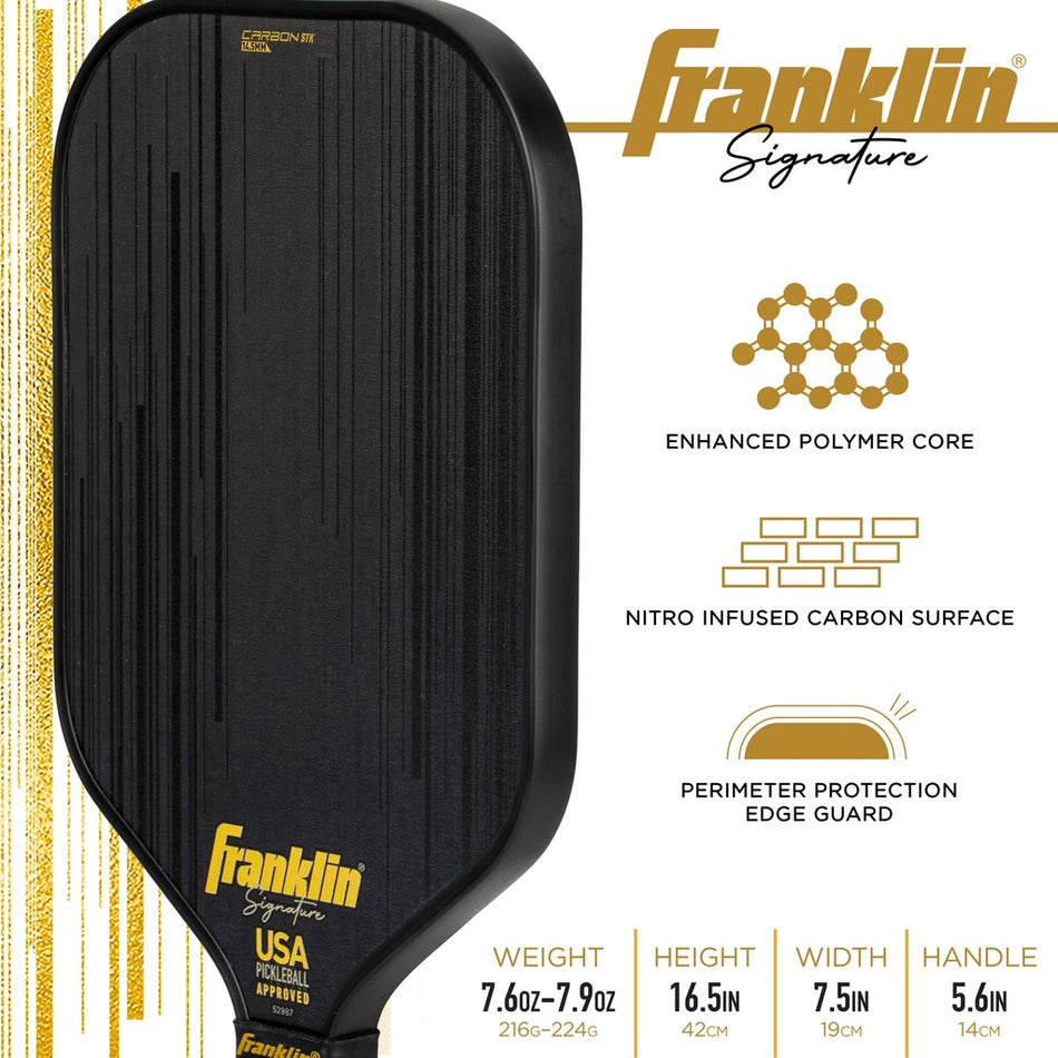 The Franklin Carbon STK Pickleball Paddle by Franklin is shown in black with gold accents. Features include an enhanced polymer core, nitro infused carbon surface, perimeter edge guard, and listed specs for weight, height, width, and handle.