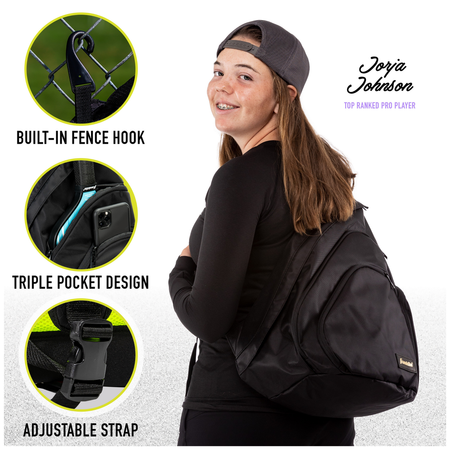 A smiling young woman in sportswear and a backward cap carries the Franklin Elite Pickleball Sling Bag. Insets show its built-in fence hook, triple pocket design, and adjustable strap. Text: Jorja Johnson, Top Ranked Pro Player.