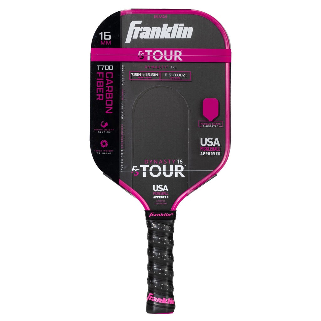 The Franklin FS Tour Dynasty Pickleball Paddle by Franklin features a 16MM carbon fiber build, black and pink design, textured grip, and USA Pickleball approved specs on the paddle face.