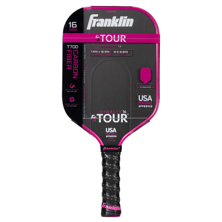 The Franklin FS Tour Dynasty Pickleball Paddle by Franklin features a 16MM carbon fiber build, black and pink design, textured grip, and USA Pickleball approved specs on the paddle face.