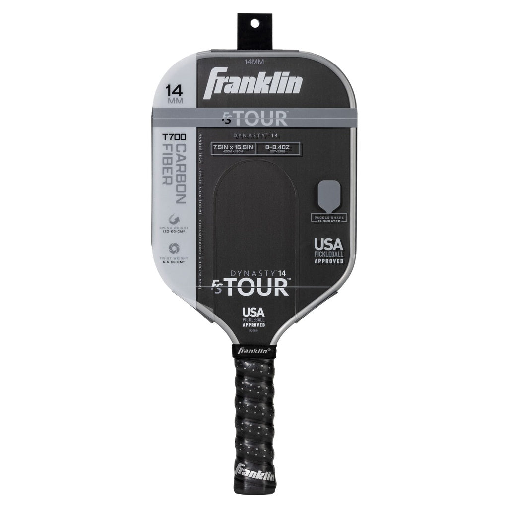 Franklin FS Tour Dynasty Pickleball Paddle by Franklin, USA Pickleball approved, features a 14mm thickness and 7.8-8.1 oz weight range in black and gray packaging, designed for top-level play.