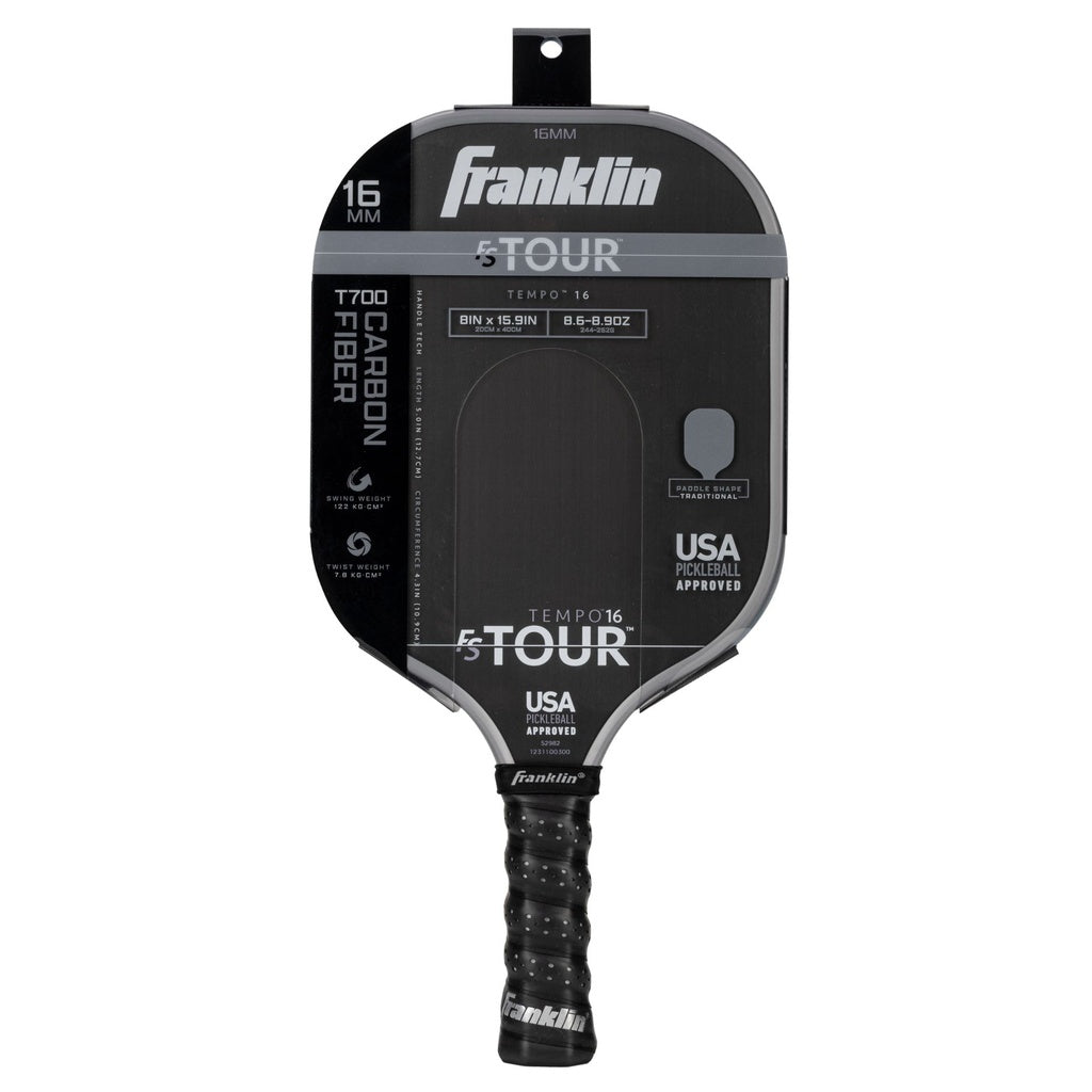 The Franklin FS Tour Tempo Pickleball Paddle by Franklin features a 16mm carbon fiber build, weighs 8.5-8.8 oz, is USA Pickleball approved, comes in grey, and is shown in its packaging.