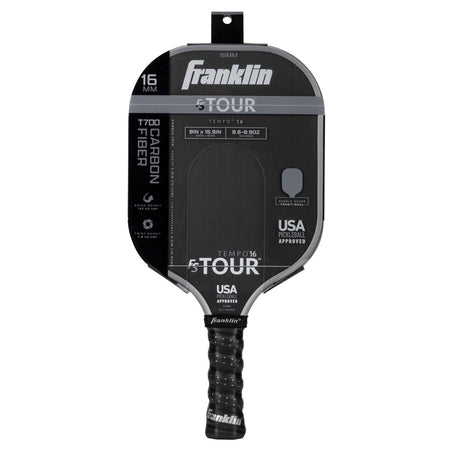 The Franklin FS Tour Tempo Pickleball Paddle by Franklin features a 16mm carbon fiber build, weighs 8.5-8.8 oz, is USA Pickleball approved, comes in grey, and is shown in its packaging.