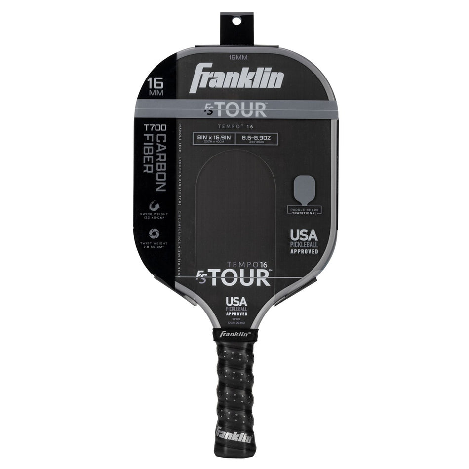 The Franklin FS Tour Tempo Pickleball Paddle by Franklin features a 16mm carbon fiber build, weighs 8.5-8.8 oz, is USA Pickleball approved, comes in grey, and is shown in its packaging.