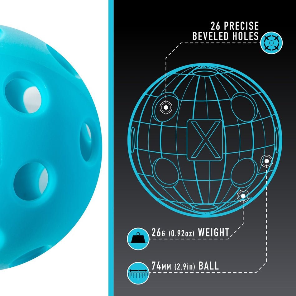 Close-up of the Franklin Indoor X-26 Pickleball by Franklin (blue, 74mm/2.9in diameter, 26g/0.92oz) with 26 beveled holes; diagram highlights features and USA Pickleball approval on a dark background.