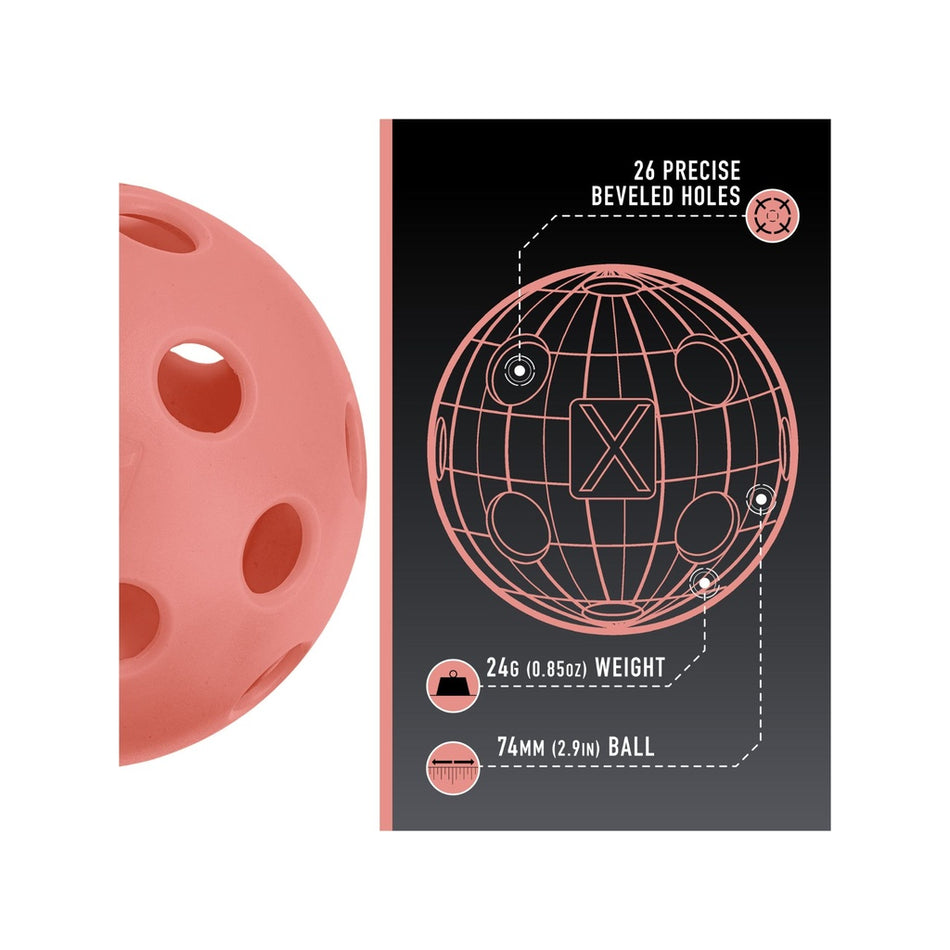 A diagram of the Franklin Indoor X-26 Pickleball (Pack of 12) shows its specs: 26 beveled holes, 24g (0.85oz) weight, 74mm (2.9in) diameter. A close-up highlights the USA Pickleball-approved Franklin ball on the left.