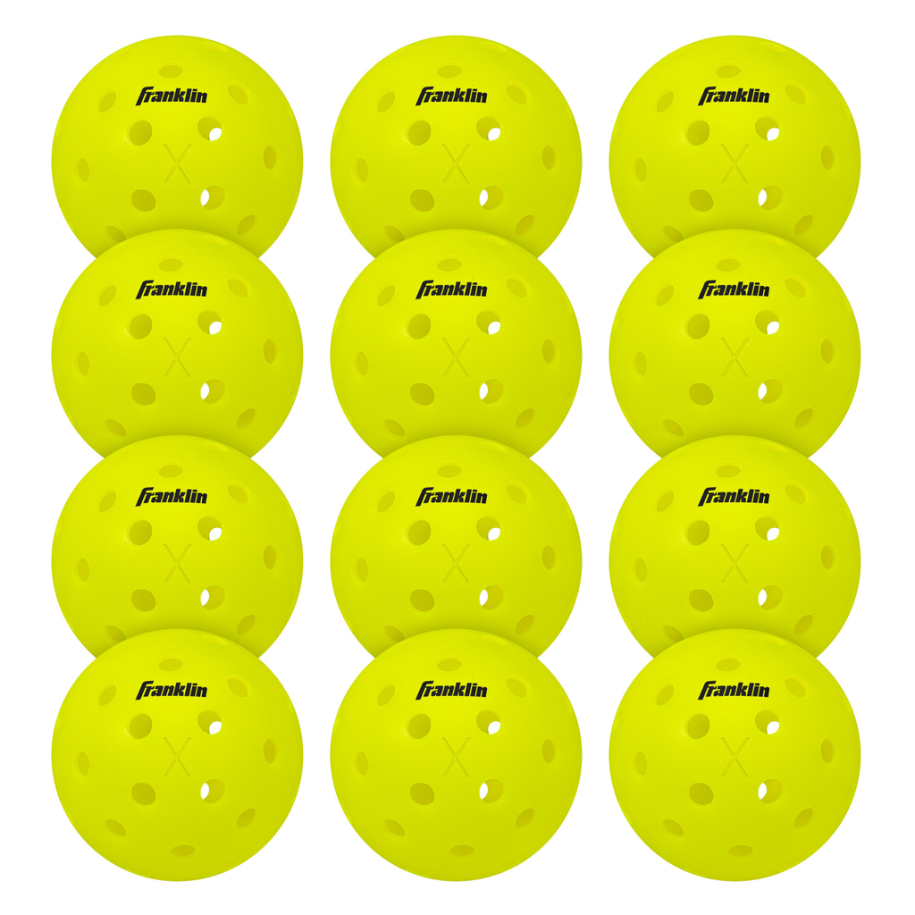 A set of 12 yellow Franklin Outdoor X-40 Pickleball balls in a mesh bag, each with black Franklin logo, circular holes, and USAPA approved for tournament play.