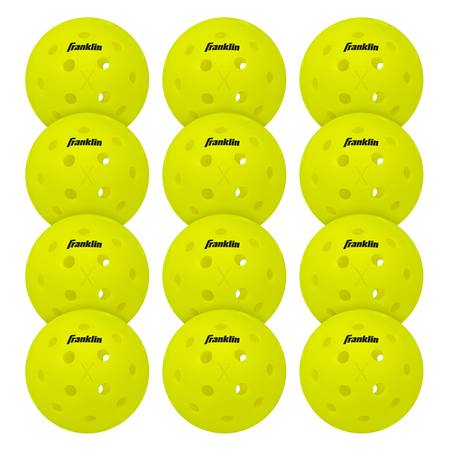 A set of 12 yellow Franklin Outdoor X-40 Pickleball balls in a mesh bag, each with black Franklin logo, circular holes, and USAPA approved for tournament play.
