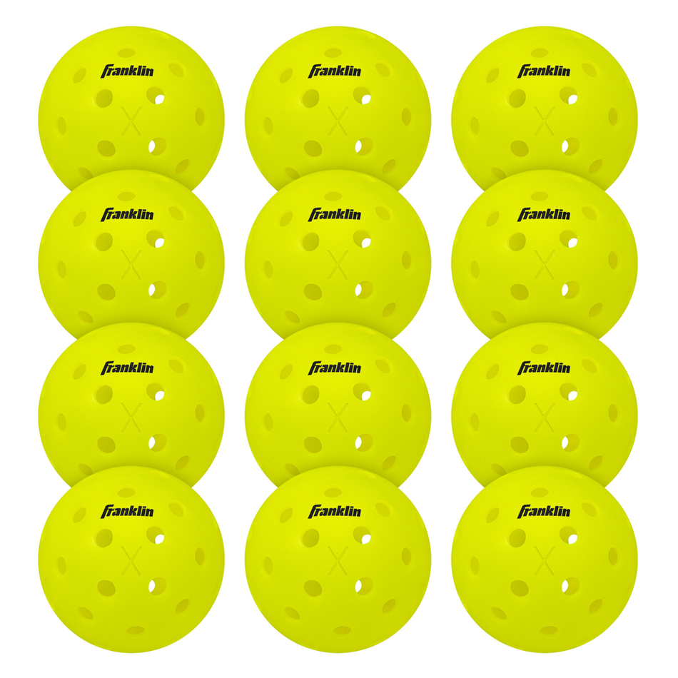 A set of 12 yellow Franklin Outdoor X-40 Pickleball balls in a mesh bag, each with black Franklin logo, circular holes, and USAPA approved for tournament play.