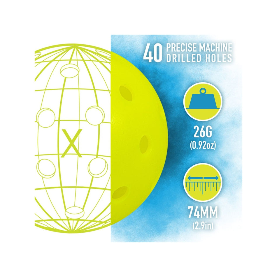 The Franklin Outdoor X-40 Pickleball (Pack of 100) by Franklin is yellow, USA Pickleball approved, features 40 holes, weighs 26g (0.92 oz), and measures 74 mm (2.9 in) in diameter—ideal for outdoor play with a precision hole pattern.