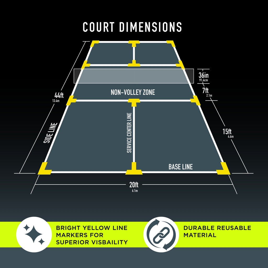Diagram of a portable pickleball court labeled with 44 ft length, 20 ft width, and 7 ft non-volley zone. Bright yellow Franklin Pickleball Court Marker Kit corners highlight visibility and durability. Ideal for any setup by Franklin.