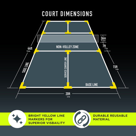 Diagram of a portable pickleball court labeled with 44 ft length, 20 ft width, and 7 ft non-volley zone. Bright yellow Franklin Pickleball Court Marker Kit corners highlight visibility and durability. Ideal for any setup by Franklin.