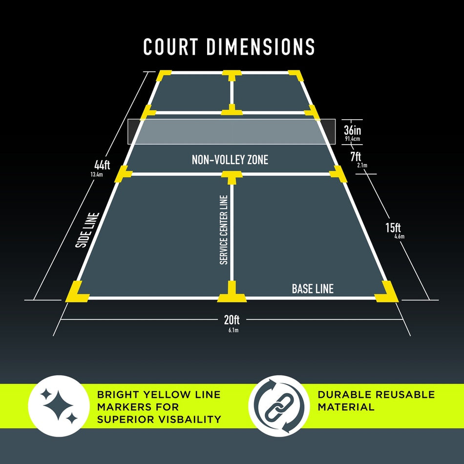 Diagram of a portable pickleball court labeled with 44 ft length, 20 ft width, and 7 ft non-volley zone. Bright yellow Franklin Pickleball Court Marker Kit corners highlight visibility and durability. Ideal for any setup by Franklin.