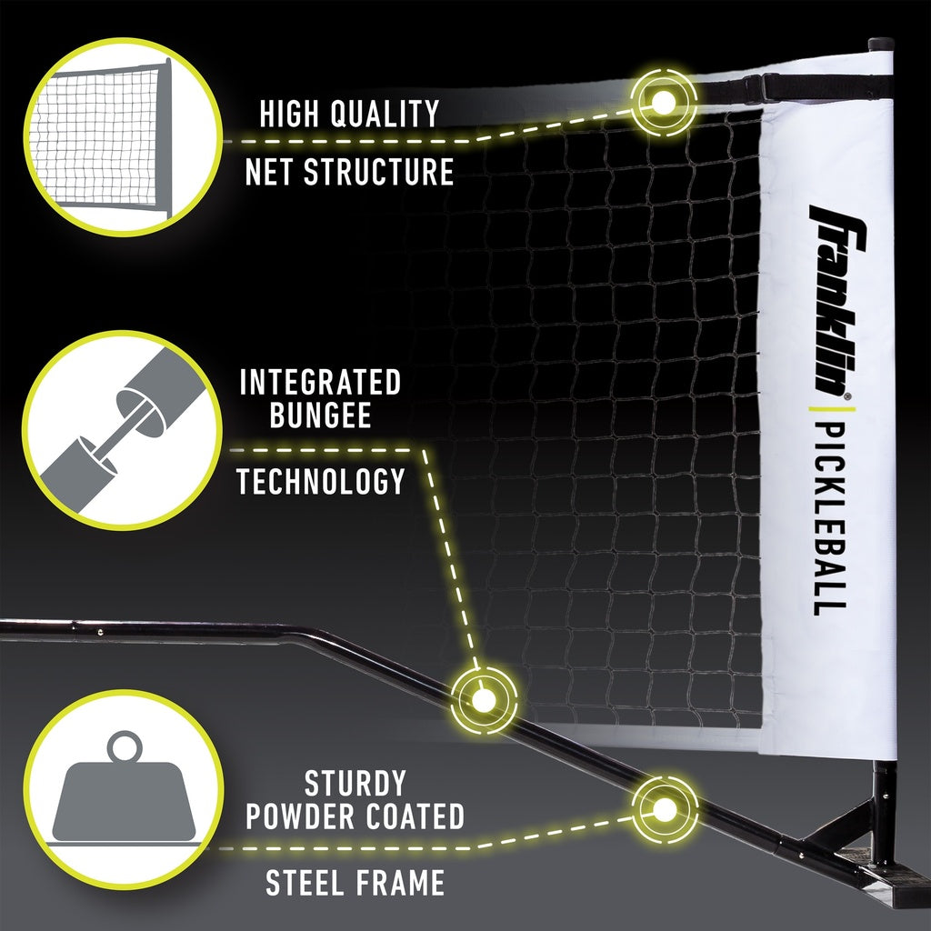 Diagram of the Franklin Pickleball Official Net by Franklin, showing its high-quality net, integrated bungee system, and sturdy powder-coated steel frame. Labeled close-ups highlight its official tournament-size design.