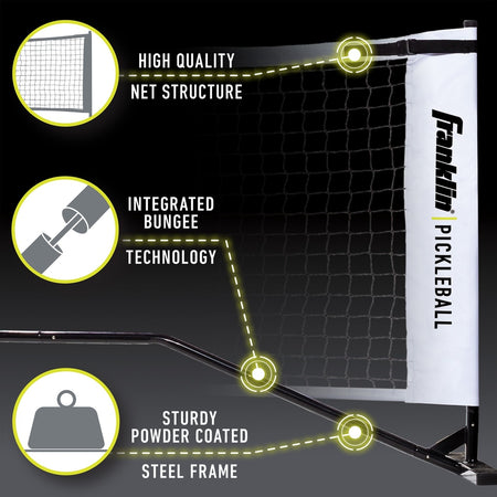 Diagram of the Franklin Pickleball Official Net by Franklin, showing its high-quality net, integrated bungee system, and sturdy powder-coated steel frame. Labeled close-ups highlight its official tournament-size design.