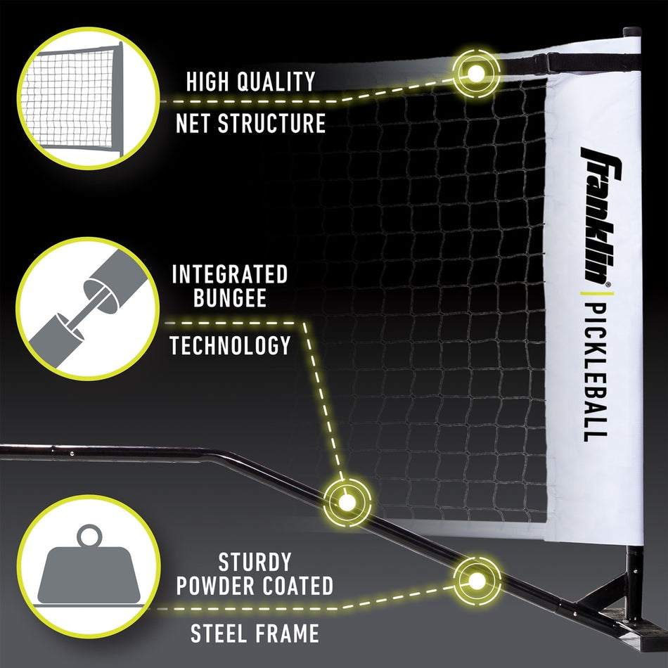 Diagram of the Franklin Pickleball Official Net by Franklin, showing its high-quality net, integrated bungee system, and sturdy powder-coated steel frame. Labeled close-ups highlight its official tournament-size design.