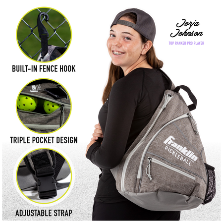 A young woman in a backward cap smiles while carrying the Franklin Pickleball Sling Bag by Franklin. Insets show the built-in fence hook, triple-pocket design, and adjustable strap. Text: Jorja Johnson, Top Ranked Pro Player.