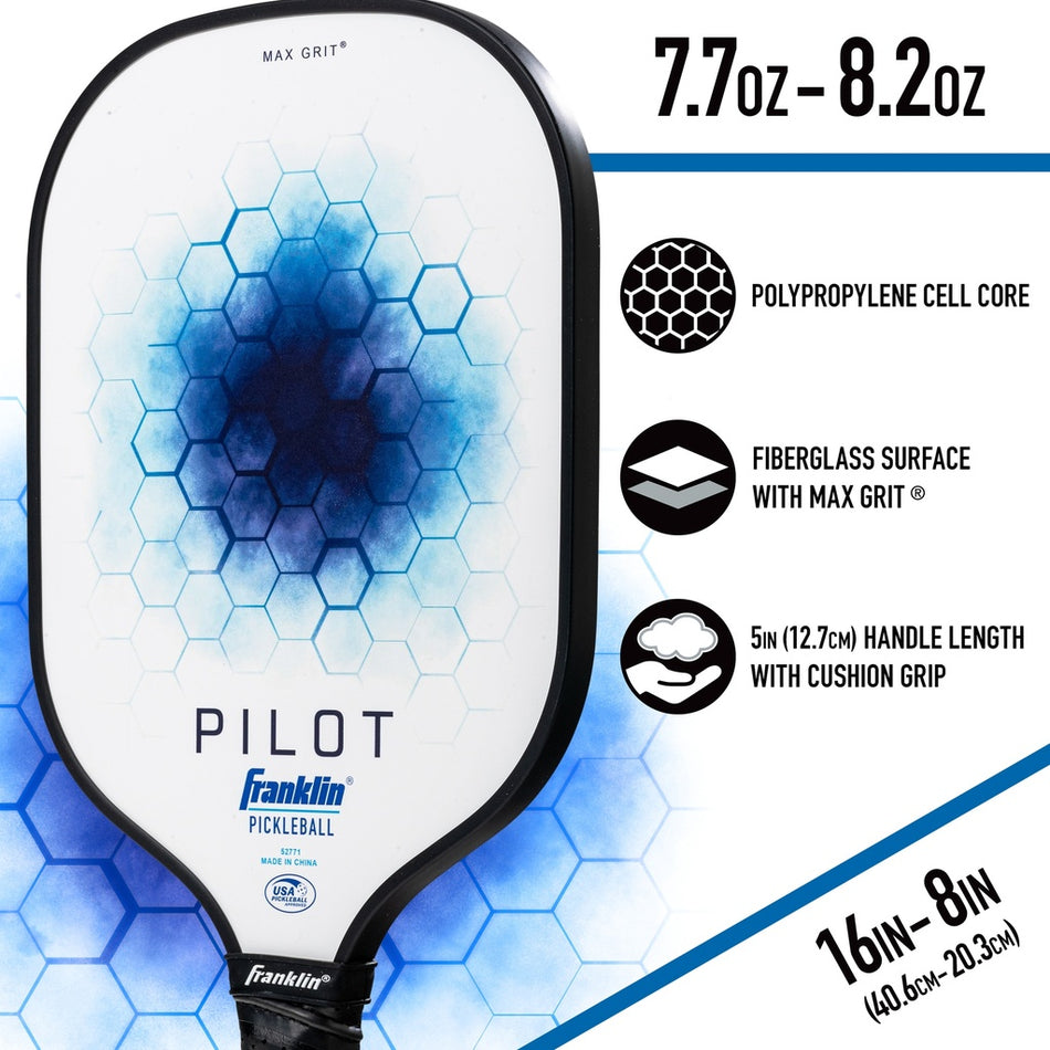 The Franklin Pilot Pickleball Paddle by Franklin features a blue hexagon design, USAPA approval, weighs 7.7–8.2 oz, has a polypropylene cell core, fiberglass surface, 5-inch cushioned handle, and measures 16x8 inches—lightweight for top play.