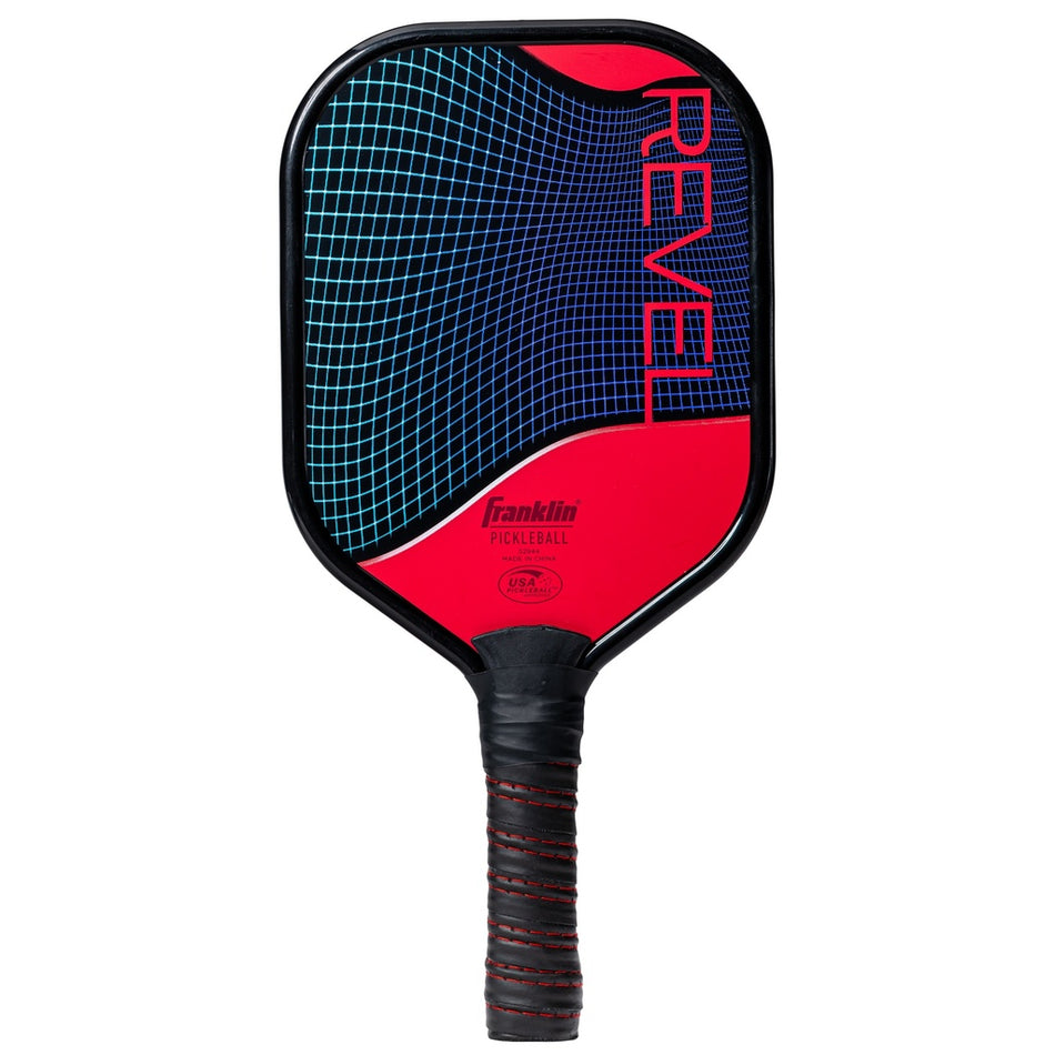 The Franklin Revel Pickleball Paddle by Franklin, in red, features a bold design with REVEL lettering and logo. This USA Pickleball approved paddle combines style and performance for your game.