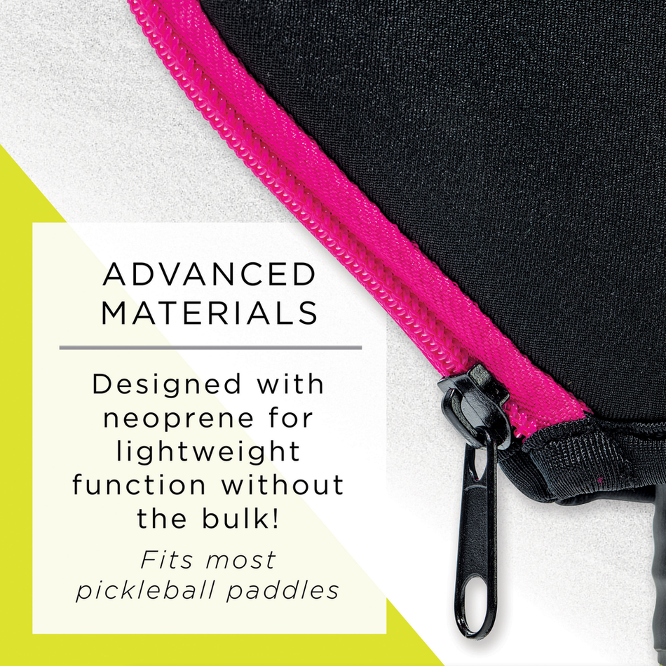 Close-up of the Franklin Single Pickleball Paddle Cover by Franklin, featuring black neoprene construction, a pink zipper, and built-in fence clip. Text highlights advanced materials, lightweight design, and compatibility with most paddles.