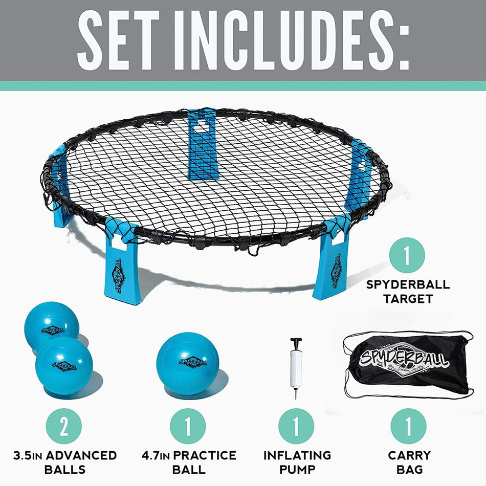 The Franklin Spyderball set by Franklin includes a target, two 3.5-inch advanced balls, one 4.7-inch practice ball, pump, and carry bag—everything for outdoor fun—shown labeled on a white background.