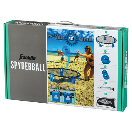 Franklin Spyderball by Franklin features a portable net, ball, and assembly instructions. The box shows people playing on a beach and highlights its suitability for both beach and backyard fun.