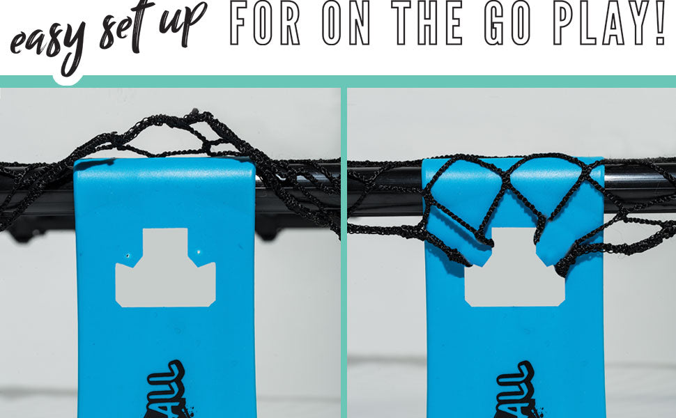 Close-up of two blue plastic brackets on a black rod with netting, showing setup options for your Franklin Spyderball by Franklin. Text at the top: Easy set up for on-the-go play!.