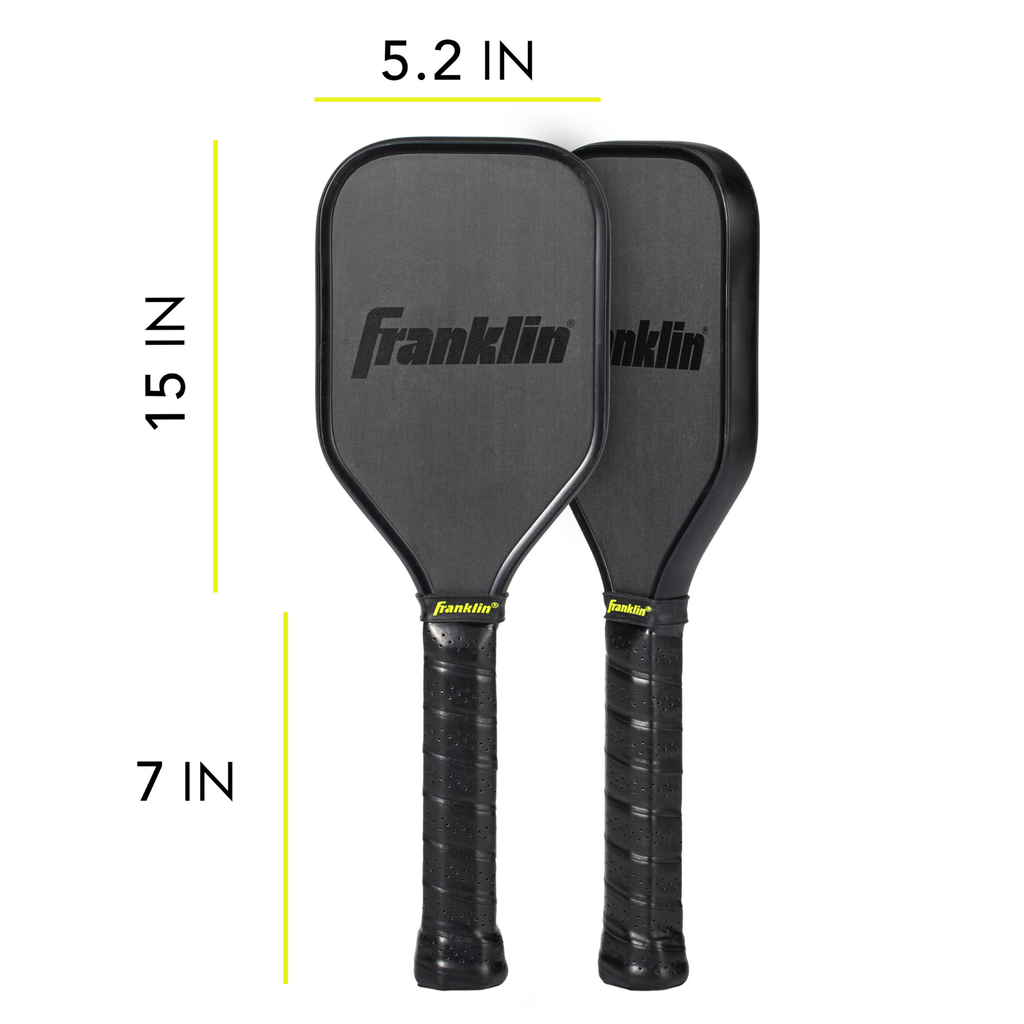 Two black Franklin Sweet Spot Trainer Pickleball Paddles by Franklin are shown side by side. Each paddle measures 15" long, 5.2" wide, and has a 7" handle, with yellow measurement lines highlighting each dimension.