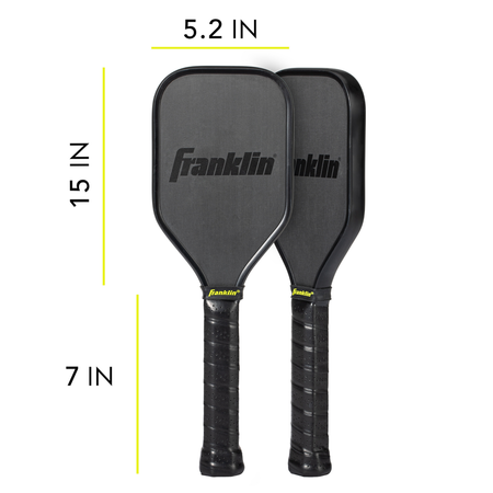 Two black Franklin Sweet Spot Trainer Pickleball Paddles by Franklin are shown side by side. Each paddle measures 15" long, 5.2" wide, and has a 7" handle, with yellow measurement lines highlighting each dimension.