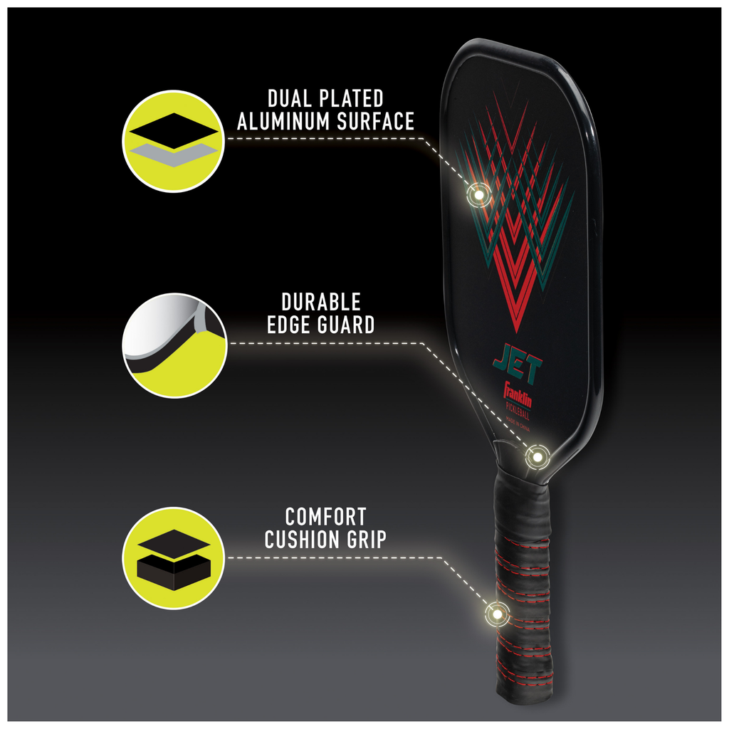 The Franklin Jet Aluminium Pickleball Paddle by Franklin is shown against a gradient background, with callouts for its dual plated aluminum surface, durable edge guard, and comfort cushion grip. USA Pickleball approved.