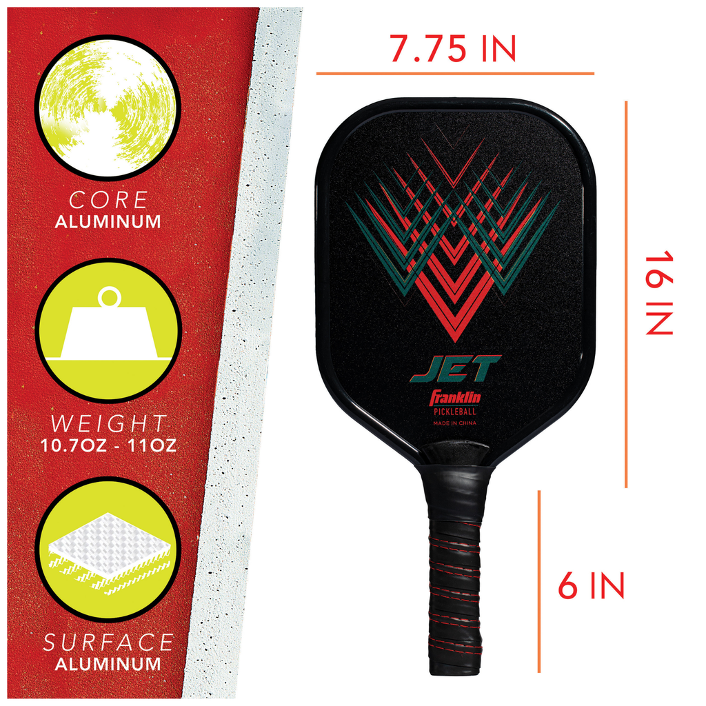 The Franklin Jet Aluminium Pickleball Paddle by Franklin is USA Pickleball approved, measures 16" x 7.75" with a 6" handle, weighs 10.7–11 oz, and features a bold black base with red, teal, and gray geometric accents.