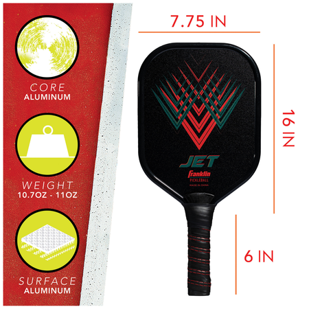 The Franklin Jet Aluminium Pickleball Paddle by Franklin is USA Pickleball approved, measures 16" x 7.75" with a 6" handle, weighs 10.7–11 oz, and features a bold black base with red, teal, and gray geometric accents.