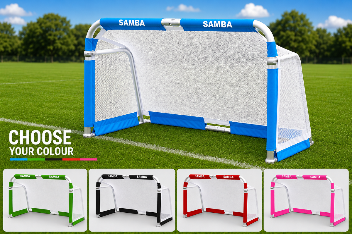 A Samba Sports Aluminium Folding Football Goal (5ft x 3ft) with white netting and blue padding is displayed on a field. Beneath it, four small images show the same foldable football goal in green, black, red, and pink, accompanied by the text CHOOSE YOUR COLOUR.