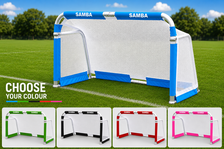 A Samba Aluminium Folding Football Goal (5ft x 3ft) from Samba Sports, shown in blue and white, stands on a grassy field. Below are four smaller images displaying the portable goal in green, black, red, and pink. The text says: Choose your colour.