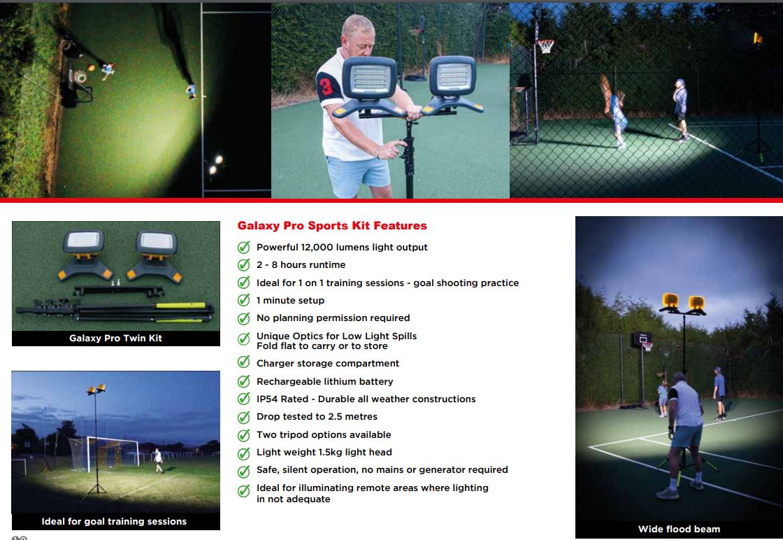 Collage featuring Nightsearcher's Galaxy Pro Twin Portable Floodlights on outdoor courts at night, highlights key features, and shows people playing tennis and soccer under its powerful rechargeable lighting.