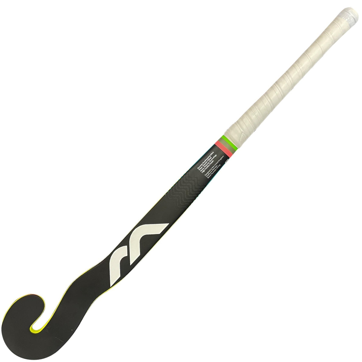 The Mercian Genesis CF15 GK Znake, a black carbon goalkeeping stick by Mercian with a white grip and logo, features a kinked shaft and a slightly curved end, displayed on a white background.