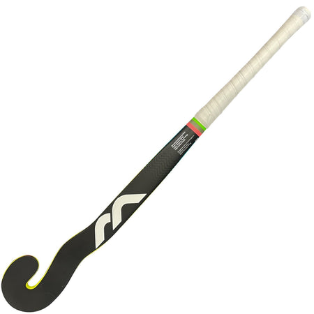 The Mercian Genesis CF15 GK Znake, a black carbon goalkeeping stick by Mercian with a white grip and logo, features a kinked shaft and a slightly curved end, displayed on a white background.