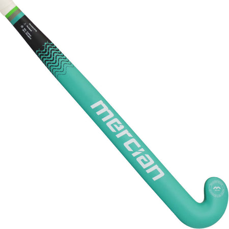 A turquoise Mercian Indoor Genesis CF25i Low field hockey stick with a curved end, black grip, and white logo—designed for precision dragflicking—is shown against a plain white background.