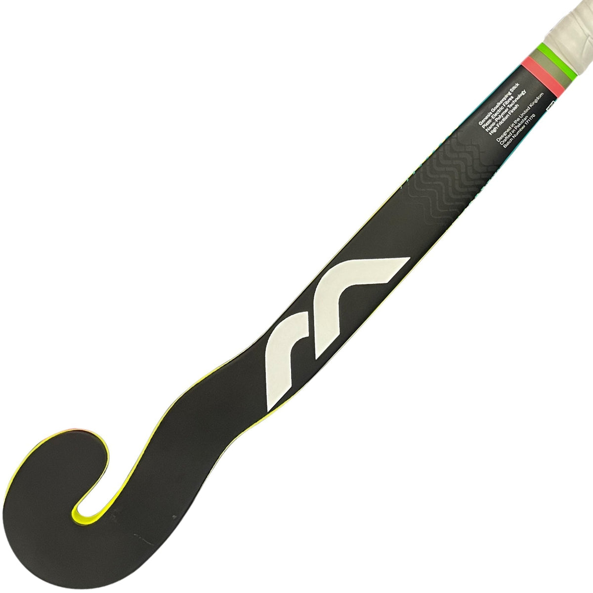 The Mercian Genesis CF15 GK Znake, by Mercian, features a black design with a white logo, yellow edge accents, and a white grip at the top. Its kinked shaft and pronounced curved end stand out against a white background.