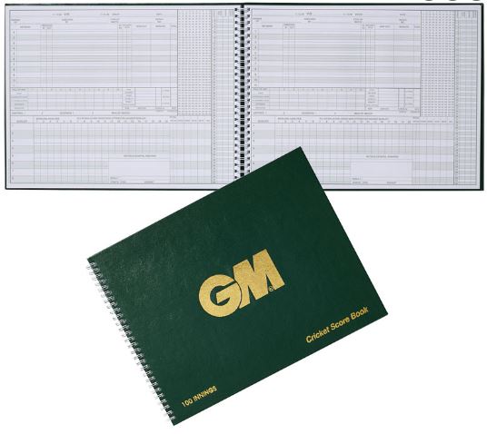 The Gunn & Moore 100 Innings Scorebook, a green wire-bound book with “Cricket Score Book” in gold on the cover, is shown closed and open to reveal its detailed scoring sheets inside.