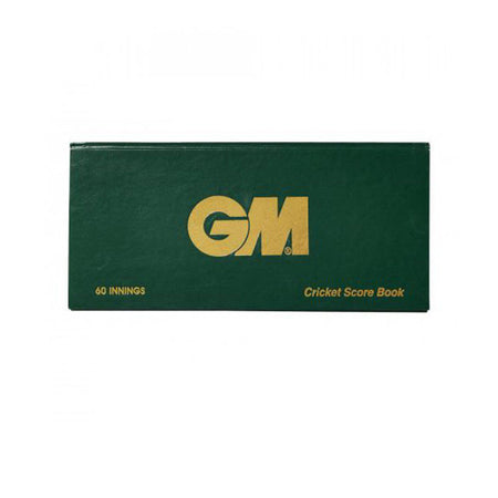 The Gunn & Moore 60 Innings Scorebook is a green rectangular book with "GM" in large gold letters. It features "60 INNINGS" on the bottom left and "Cricket Score Book" on the right—ideal for analyzing games or tracking season stats.