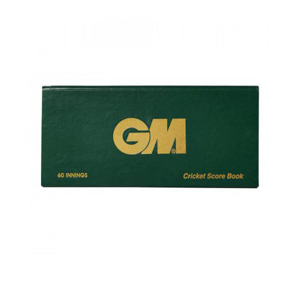 The Gunn & Moore 60 Innings Scorebook is a green rectangular book with "GM" in large gold letters. It features "60 INNINGS" on the bottom left and "Cricket Score Book" on the right—ideal for analyzing games or tracking season stats.