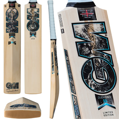 Multiple views of the Gunn & Moore Diamond DXM Senior Cricket Bat 2026, highlighting its wooden finish, Gunn & Moore branding, blue and black Ben Stokes-inspired graphics, handle grip, close-up design details, and 2026 logo.