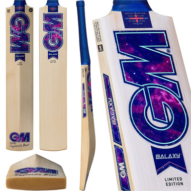 Five views of the Gunn & Moore Galaxy DXM Senior Cricket Bat 2026 show its galaxy-themed blue, purple, and pink face design, blue grip, and prominent GM logo. This striking English willow bat by Gunn & Moore offers high performance.